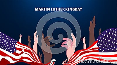 Martin Luther King Day with black skin and white skin united raise hands together. Waving flag of america celebrate the civil Vector Illustration