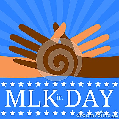 Martin Luther King Day. Multicolored hands reach for a handshake. Blue background with rays, event name, stars Stock Photo