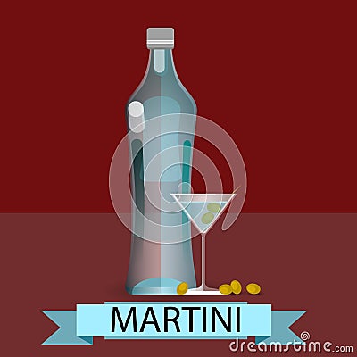 Martini Bottle Glass Olive Alcohol Drink Icon Flat Stock Photo