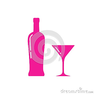 Martini bottle and glass silhouette, beverage container and goblet.Alcohol drink icon on a white background. Simple logo.Shape Vector Illustration