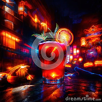 Martini cocktail drink in bar, psychadelic glowing aura light streaks Stock Photo