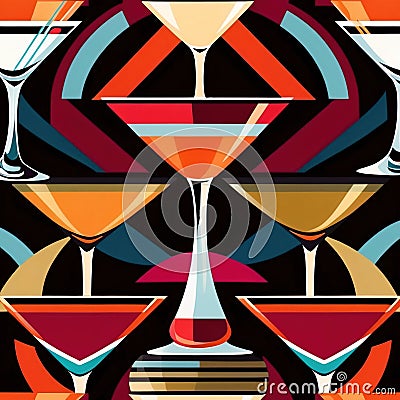 Martini cocktails, alcoholic drinks retro vintage elegant art deco style illustration Cartoon Illustration