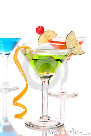 Martini Cocktails drinks green blue and red Stock Photo