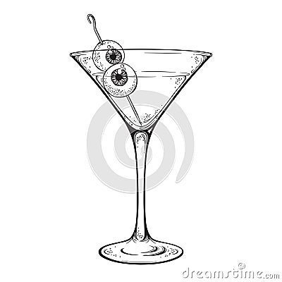 Martini with eyeballs cocktail in glass halloween design hand drawn line art vector illustration. Vector Illustration