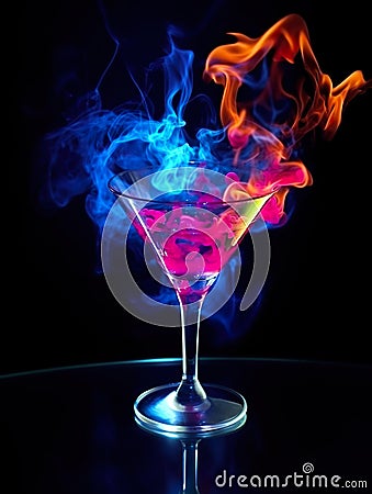 martini glass with colorful alcohol and smoke on black background, burning cocktail with neon glow, generative AI Stock Photo