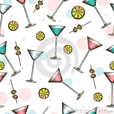 Martini glass with colorful drinks in engraved style. Seamless pattern of cocktails on white background. Vector Illustration