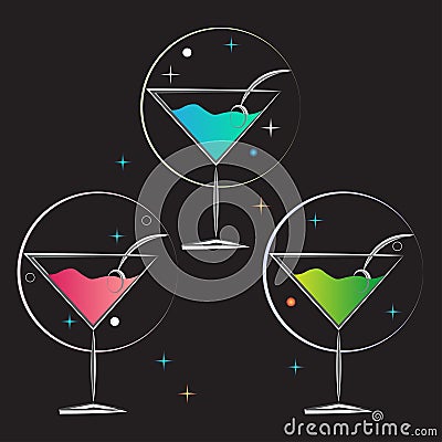 Martini glass drinks party colors black background Vector Illustration