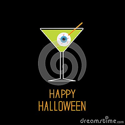 Martini glass with green cocktail and eyeball. Hal Vector Illustration