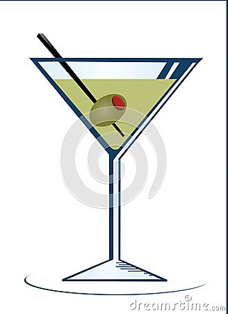 Martini glass with liquor, olive and swizzle stick Stock Photo