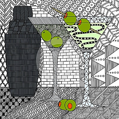 Martini glasses with olives and shaker in the style of zenart, doodle, zentangle, black and white still life Vector Illustration