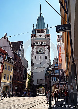 The Martinstor, English: Martin`s Gate, one of the two remaining city gates of the medieval defensive wall, Freiburg im Breisgau, Editorial Stock Photo