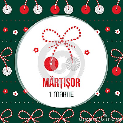 Martisor celebration greeting card, vector illustration with cute cartoon style martisor talismans, gifts and seamless pattern. Vector Illustration