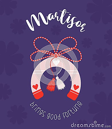 Martisor holiday. Martenitsa, Red and white thread amulet hanging on horseshoe. Moldovan, Romanian and Bulgarian symbol Stock Photo