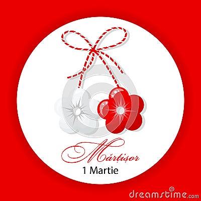 Martisor, red and white symbol of spring. Traditional spring holiday in Romania and Moldova. Holiday card Vector Illustration