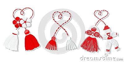 Martisor set, red and white symbol of spring. Traditional spring holiday in Romania and Moldova. Symbols, talismans Vector Illustration
