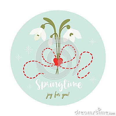 Martisor. Springtime. Traditional holiday red and white accessory Martenitsa with bouquet of snowdrop flowers. Symbol Vector Illustration