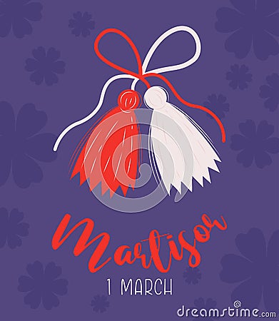 Martisor talisman, traditional red and white accessory Martenitsa. Baba Marta Day. spring holiday. Vector holiday card. Vector Illustration