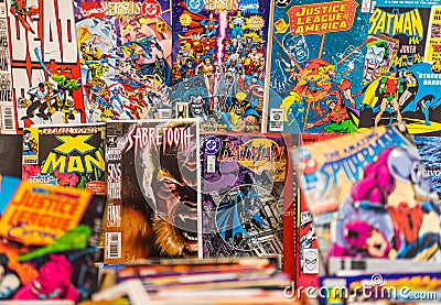 Marvel and DC comic book on display Editorial Stock Photo