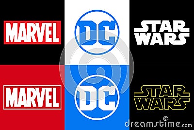 Marvel DC and Star Wars, set of popular film studio logo, Vector editorial illustration Vector Illustration