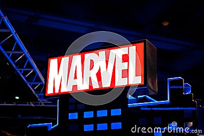 Marvel logo in Hamleys store. Marvel Comics Group is a publisher of American comic books and related media Editorial Stock Photo