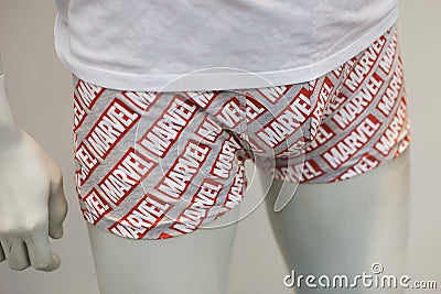 Marvel logo on underpants boxer for men in a fashion store showroom Editorial Stock Photo