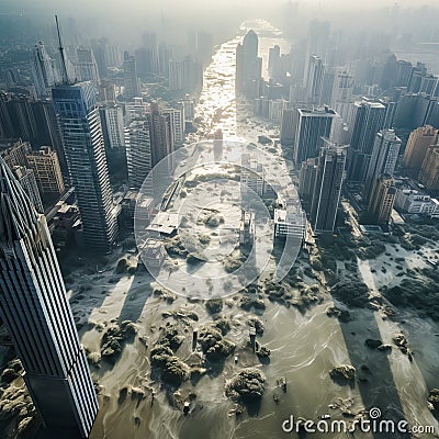 City Inundation: Aerial View of Towering Skyscrapers Engulfed by Water Stock Photo