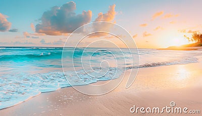 Marvellous sunrise over tranquil beach with soft waves. Stock Photo