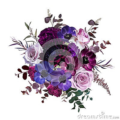 Marvelous violet, purple and burgundy anemone, dusty mauve and lilac rose, dark dahlia Vector Illustration