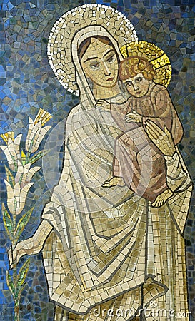 Mary with baby Jesus on her arm mosaic Stock Photo