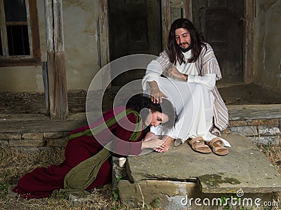 Mary of Bethany anointing Jesus feet Stock Photo