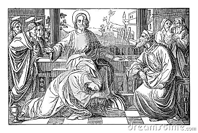 Sinful Woman Mary of Bethany Washing and Kissing Jesus Feet in House of Simon. Bible, New testament, Luke 7. Vintage Vector Illustration