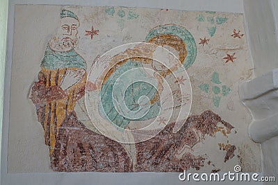 Mary, Joseph and the christchild in the crib, a medieval fresco in Everlov Church, Sweden Stock Photo