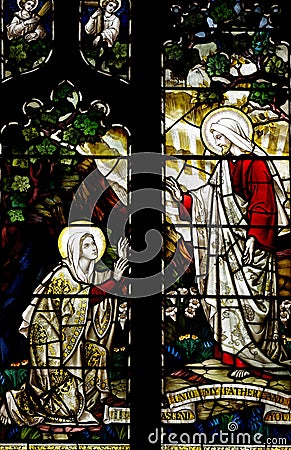 Mary Magdalene and Jesus Christ in stained glass Stock Photo