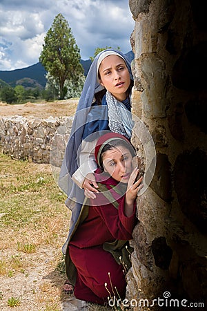 Mary and Mary Magdalene looking into the empty tomb Stock Photo