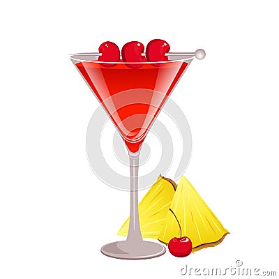 Mary Pickford cocktail in a glass garnished with maraschino cherries, pineapple.Classic alcoholic cocktai Vector Illustration