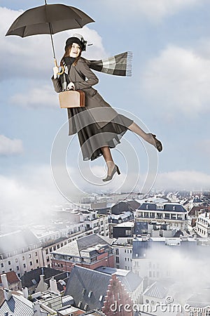 Mary Poppins flies over the city Stock Photo