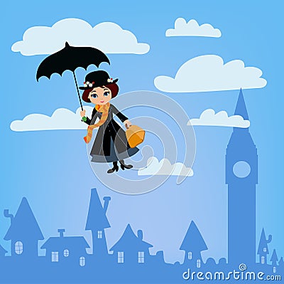 Mary Poppins flies over London. Vector Illustration Stock Photo