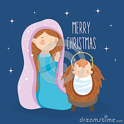 Mary praying and baby jesus manger nativity, merry christmas Vector Illustration