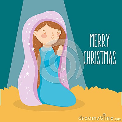 Mary praying manger nativity, merry christmas Vector Illustration