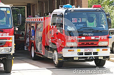 Maryborough Country Fire Authority (CFA) station with vehicles ready for action on a Total Fire Ban day Editorial Stock Photo