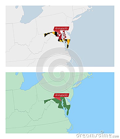 Maryland map with pin of country capital. Two types of Maryland map with neighboring countries Vector Illustration