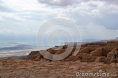 Masada - ancient fortification, desert fortress of Herod in Judean desert, view of dead sea, Israel Stock Photo