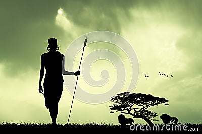 Masai in African landscape Stock Photo