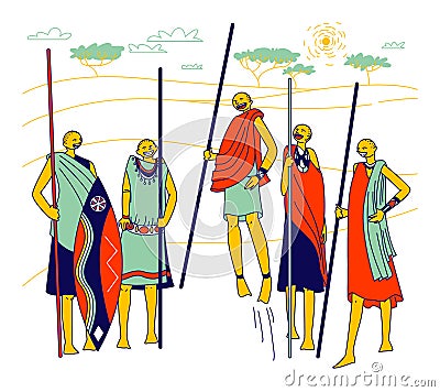 Masai Characters, African Men and Women from Samburu Tribe in Kenya, Africa. Group of Warriors in National Costumes Vector Illustration