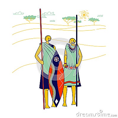 Masai Characters Wearing Traditional Clothes and Armed with Spear and Shield Stand on African Landscape Background Vector Illustration