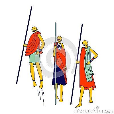 Masai Female Characters Perform Traditional Jump Isolated on White Background. Ethnic African Tribe Armed with Spears Vector Illustration
