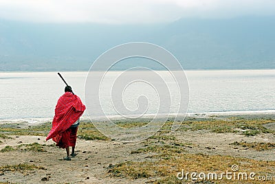 Masai in front of Empakai lake Editorial Stock Photo