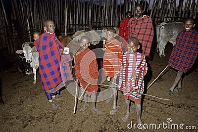 Masai village life, group portrait young herdsmen Editorial Stock Photo
