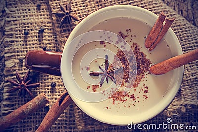 Masala chai tea with spices and star Anise, cinnamon stick, peppercorns Stock Photo