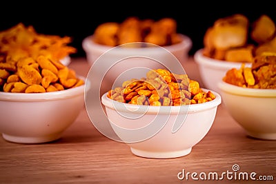 masala sing gujarati food,Sev murmura,chanadal,shing bhujia,mix chavana,Popular street side indian snacks,sweet and salty snacks Stock Photo